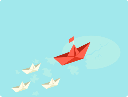 Animated image of three white paper boats with larger red boat following them